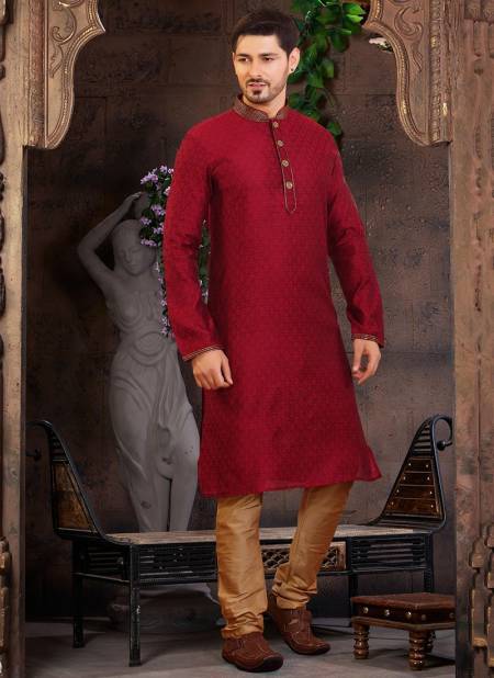 Red Colour Fancy Festive Wear Poly Jacquard Digital Printed Kurta Pajama Mens Collection FR-KP 2